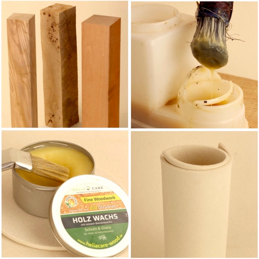100%Bio Collage der 4 verwendeten Natur Elemente, Holz, Naturleim, Holzbalsam und Wollfilz