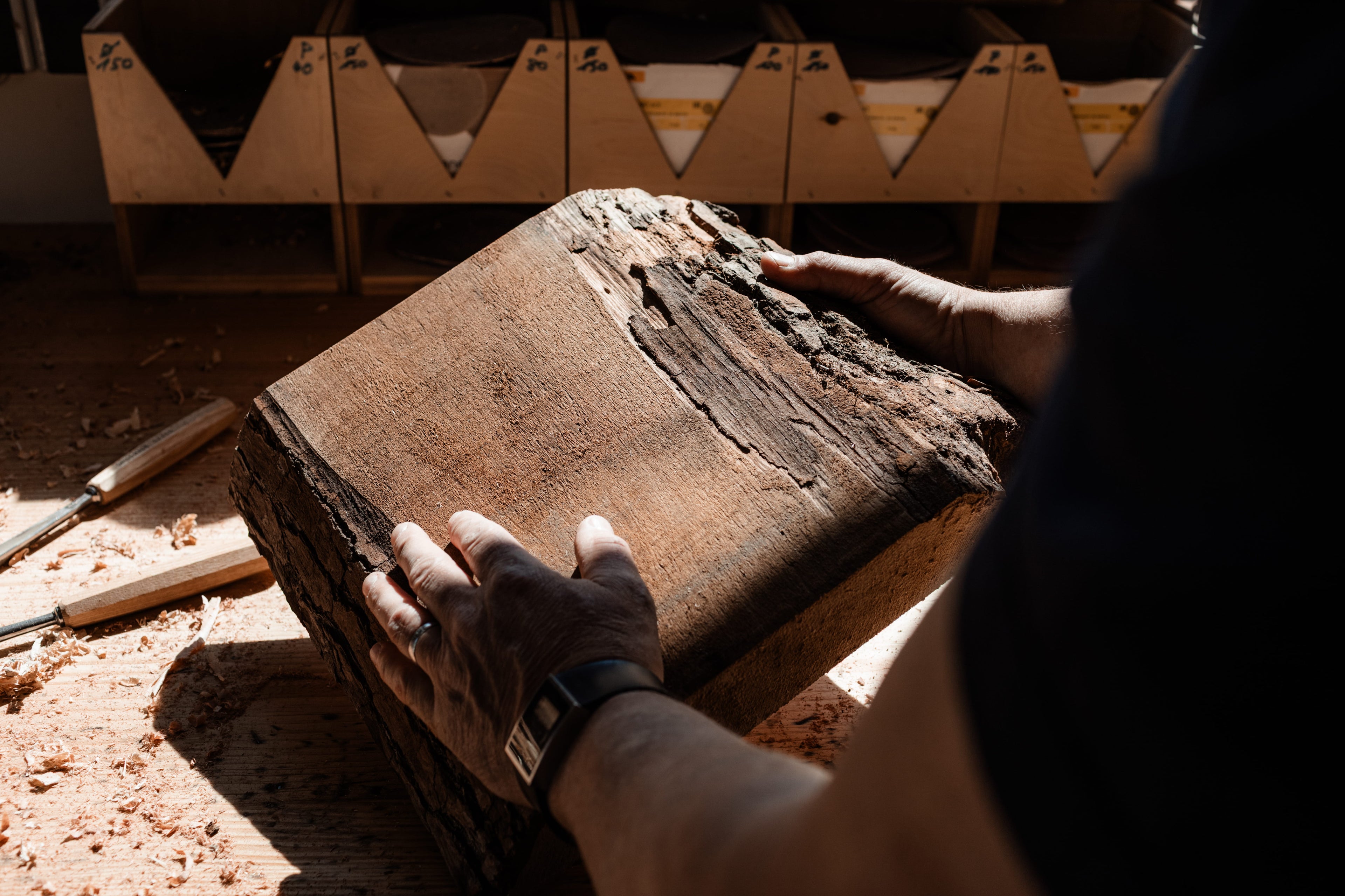 Martin Mayer hält Holz in der Hand