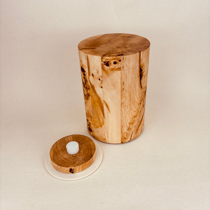 Holzurne in Maserpappel mit Erinnerungsstück "Holzscheibe in Schalenform"